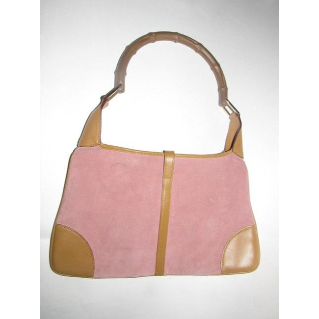 SOLD- Gucci Jackie Vintage Pink Suede And Camel Leather With A Bamboo Handle Hobo Bag