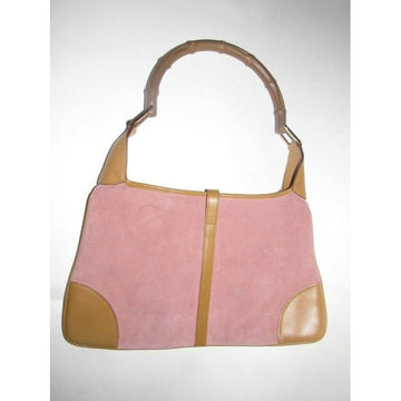 SOLD- Gucci Jackie Vintage Pink Suede And Camel Leather With A Bamboo Handle Hobo Bag