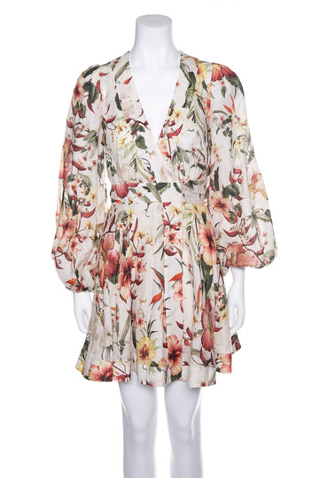 Zimmermann Multicolor Floral Linen Short Long Sleeve Dress SZ 0 NWT