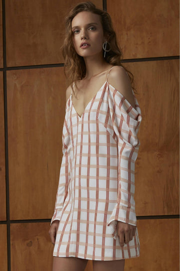 Cold Shoulder LS Check Dress
