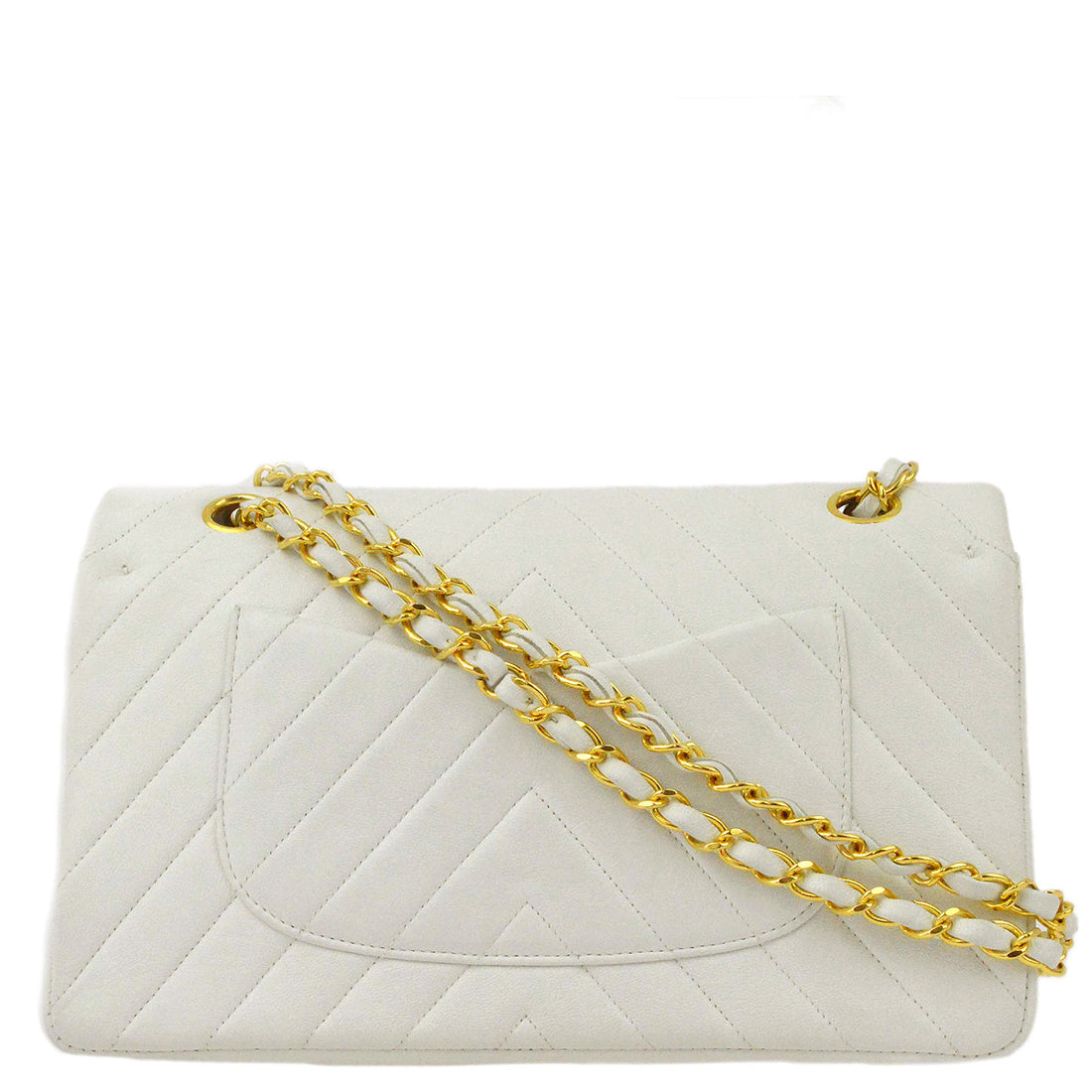 Chanel White Lambskin V Stitch Medium Classic Double Flap Shoulder Bag