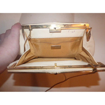 Vintage, AMAZING, early, Judith Leiber, cream, snakeskin leather, evening bag with gold & rose quartz accents and a collapsible chain strap