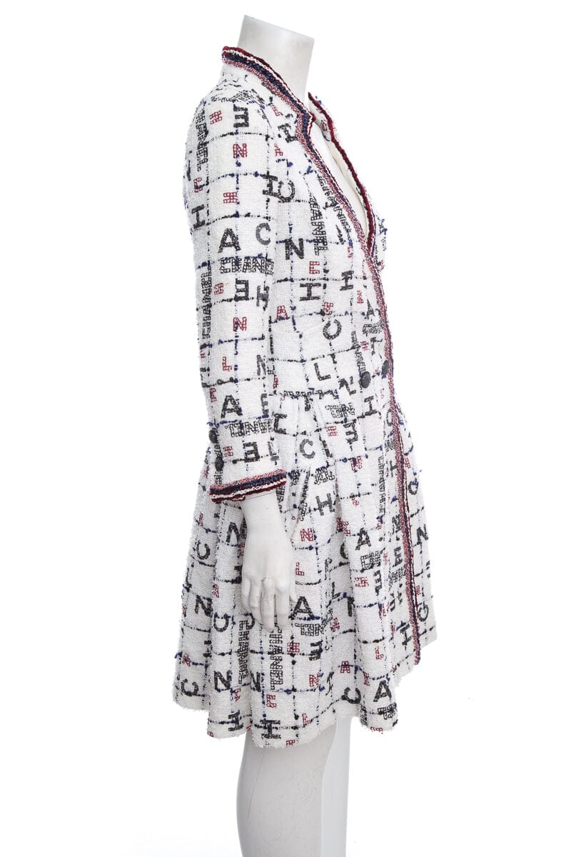 Chanel Spring 2020 White & Multi Logo Tweed Coat/Dress SZ 36