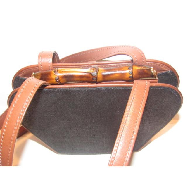 Gucci W Vtg Linenleather Top Handle Purse Accent Black Linenbrown Lthrbamboo Leather And Shoulder Ba