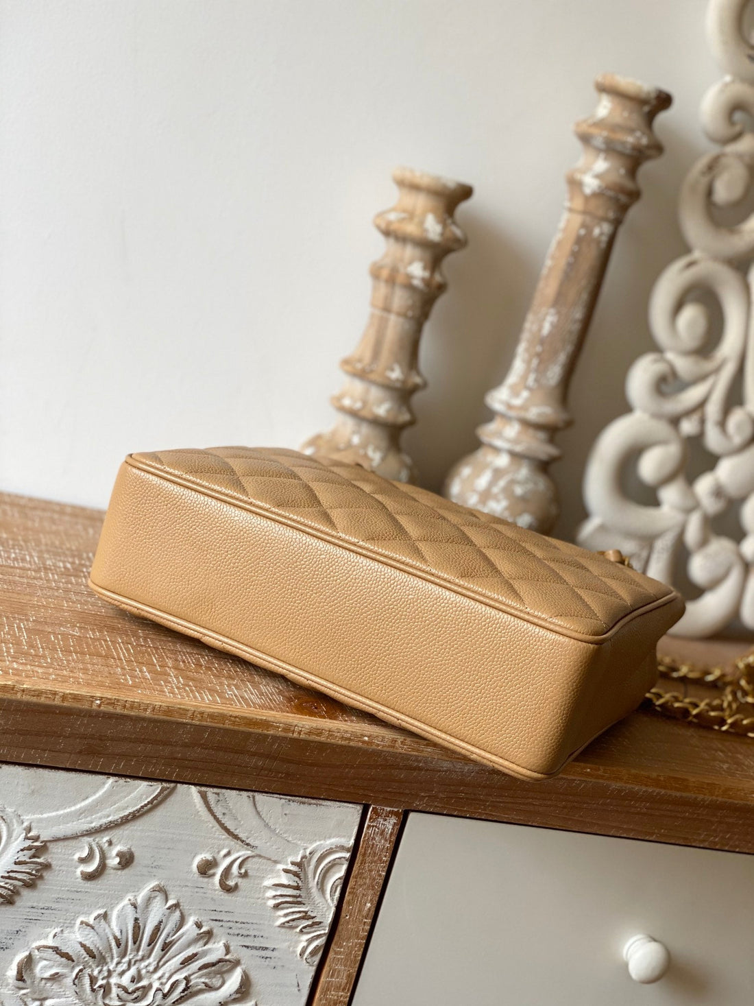 CHLVintage Beige Medium Quilted Caviar Tote Bag For Womtlm 28cm/11in