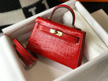 HM Mini Kelly 19 Embossed Pattlmt Sellier Red Bag With Gold-Toned Harware For Womtlm, Handbags, Shoulder Bags 7.5in/19cm