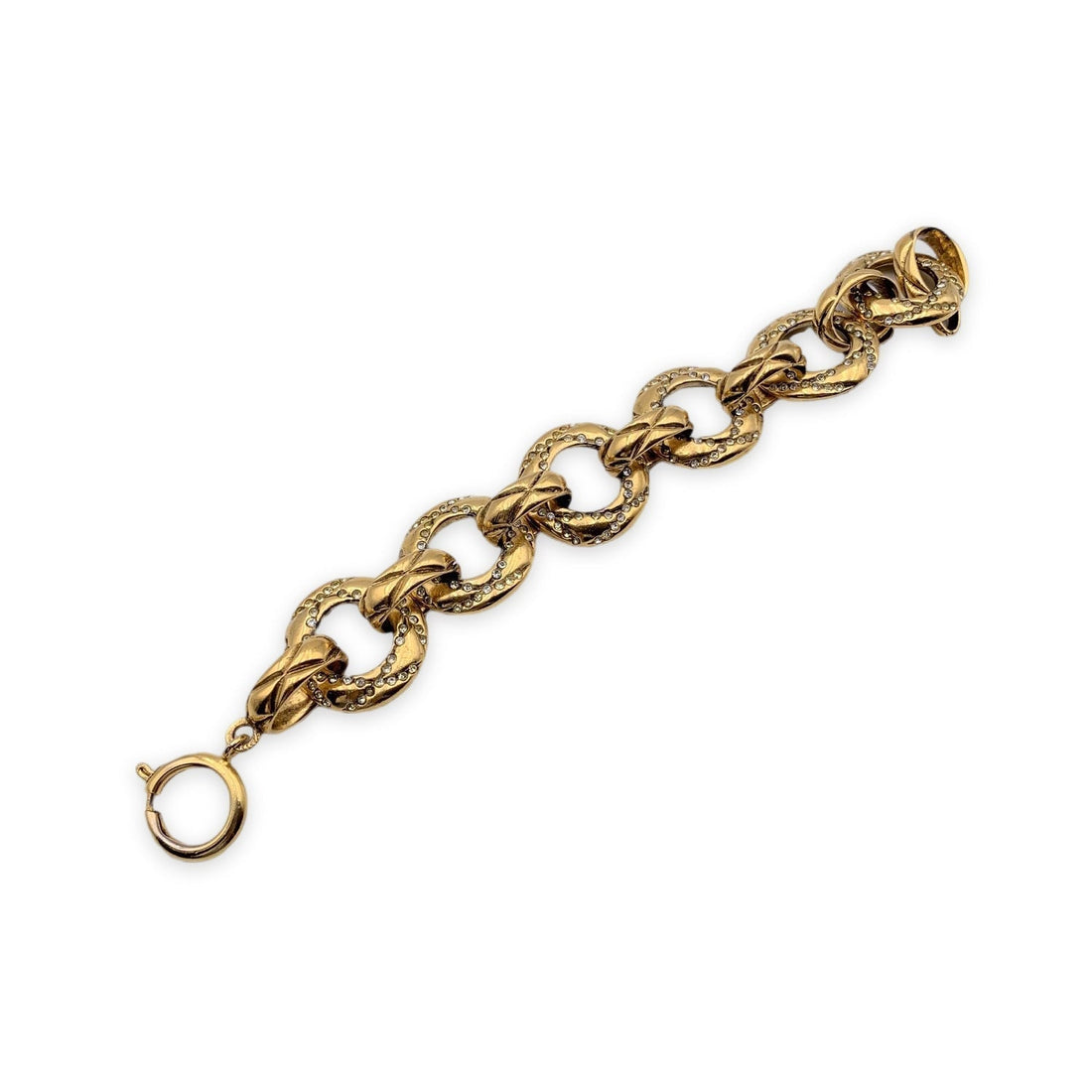 CHANEL Vintage Gold Metal Crystals Ring Chain Link Bracelet