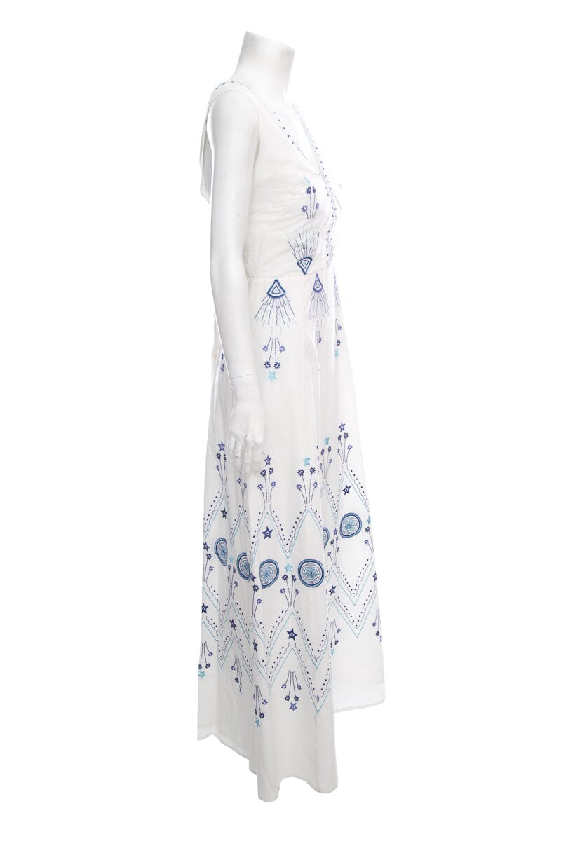 Positano White & Blue Embroidered Maxi Dress SZ 44