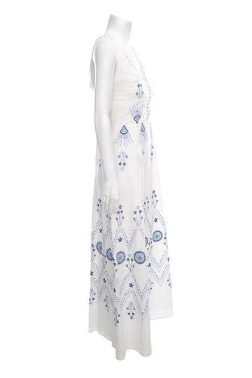 Positano White & Blue Embroidered Maxi Dress SZ 44