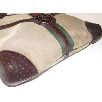 Gucci Britt Canvas And Two Strap Top Handle Equestrian Accents Brown Leather Hobo Bag