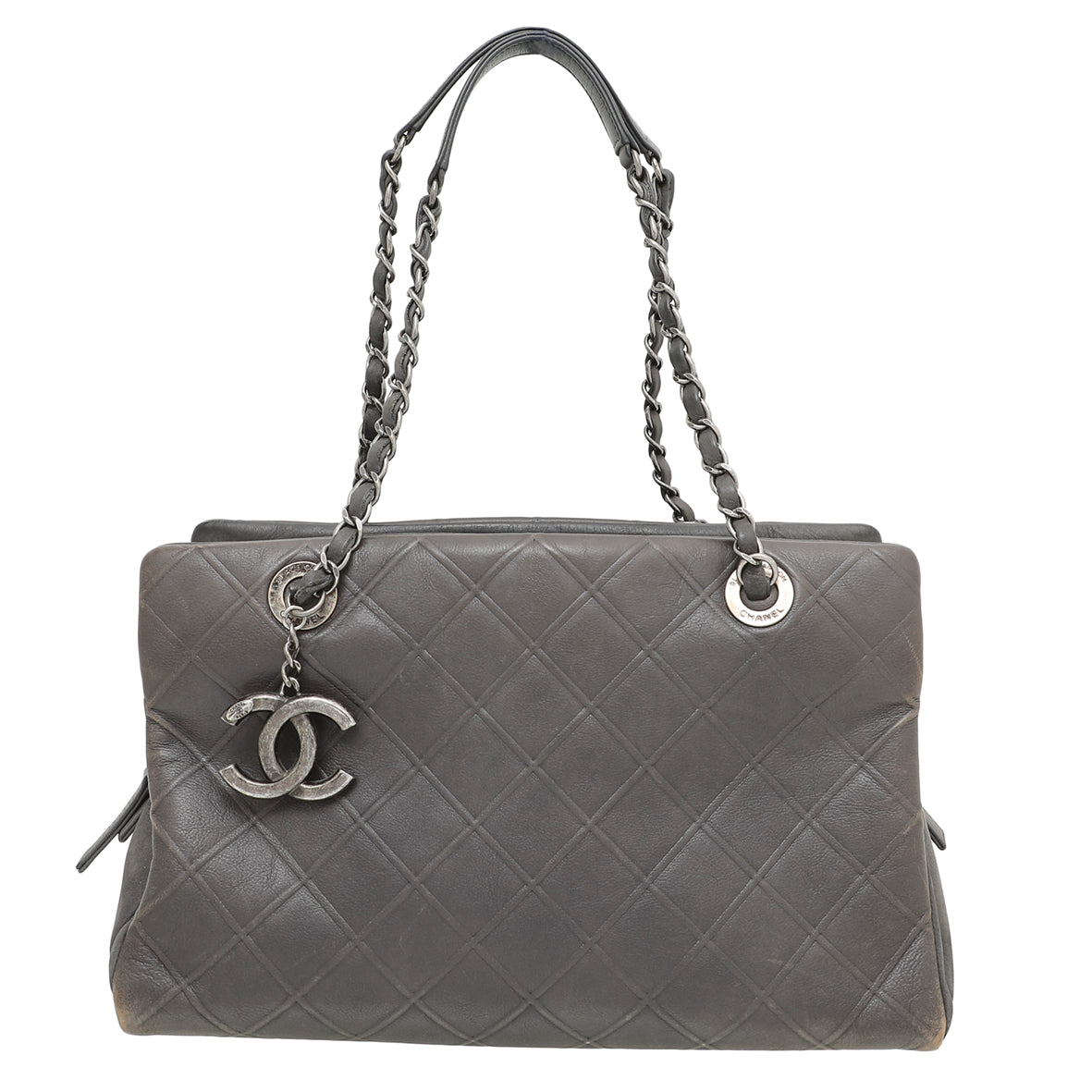 Chanel Gray Diamond Embossed CC Charm Tote Bag
