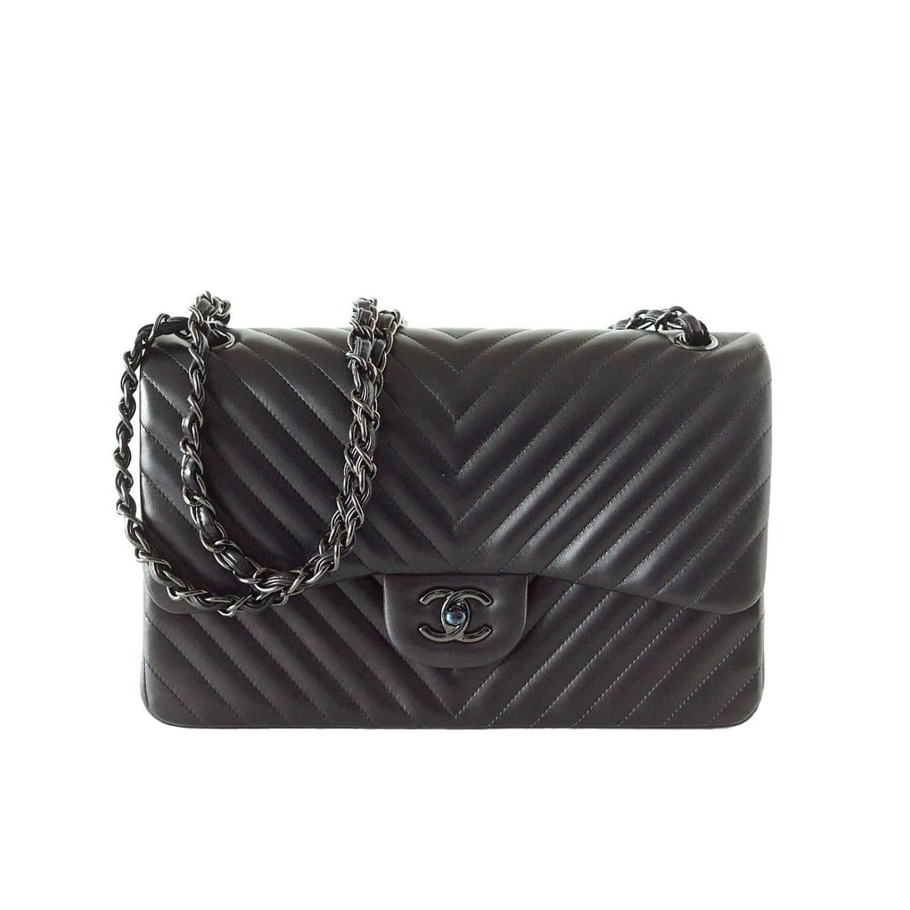 Chanel Bag Chevron So Black Jumbo Classic Double Flap Quilted  New