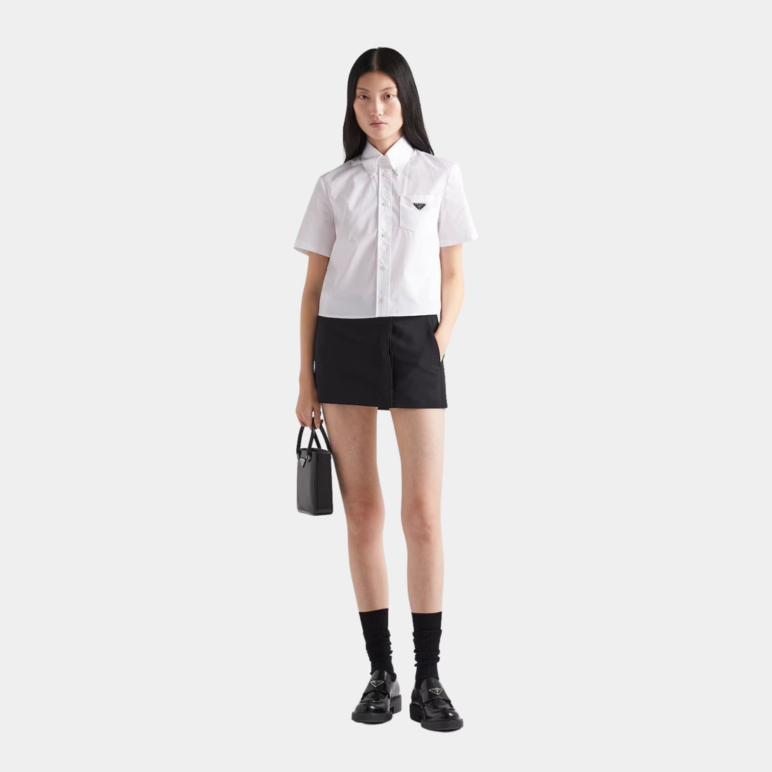 Cotton Cropped Short Sleeves White Poplin Shirt