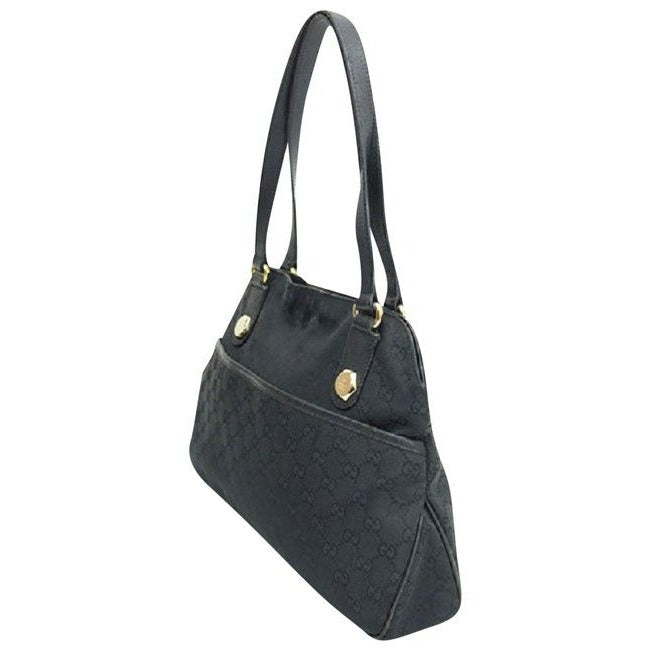 Gucci Black Large Logo Print Canvas And Black Leather Satchel