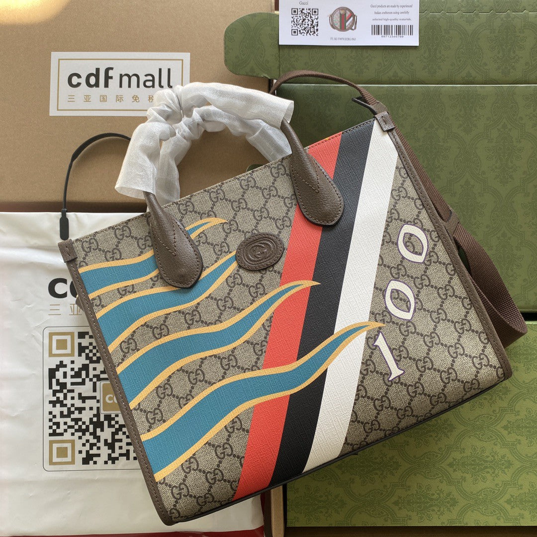 gg Medium Tote With Geometric Print Beige And Ebony gg Supreme Canvas With Geometric And Web Print For Womtlm 14.8in/37.5cm gg 674148 UQHHG 8678
