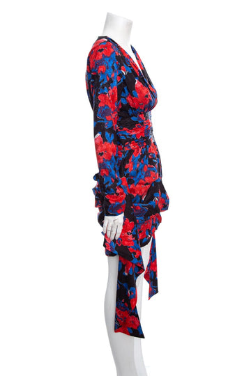 Saint Laurent Red and Blue Floral Long Sleeve Mini Dress SZ M