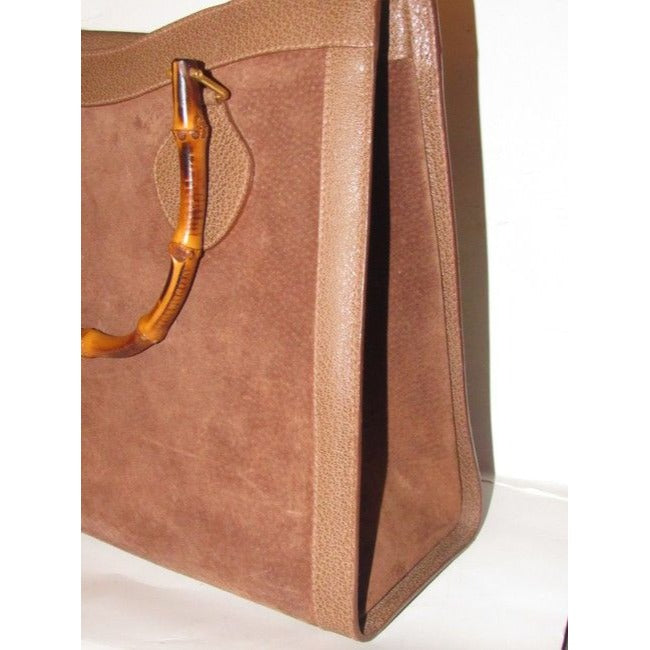 Gucci Shopper Tote Bag Tan Suedebamboo Handles And Leather With Satchel