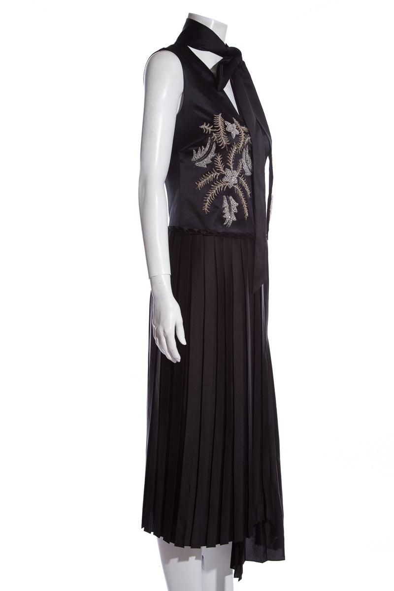 Burberry Black Satin Embellished Pleated Dress SZ 2