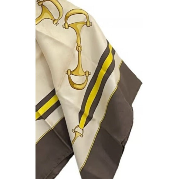 Vintage, Gucci, equestrian print, 35" square, 100 % silk scarf in brown, gold, & black on a white background with a wide brown border
