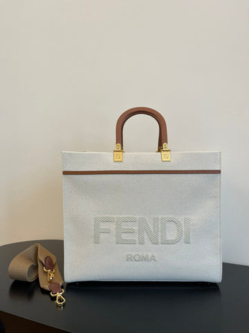 FI Sunshine Medium Tote Bag Light Grey Canvas For Women, Women&#8217;s Bags, Shoulder Bags 13.8in/35cm FF 8BH386