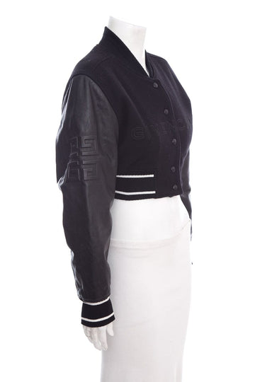Givenchy Black Cropped Varsity Wool and Leather Jacket SZ 34