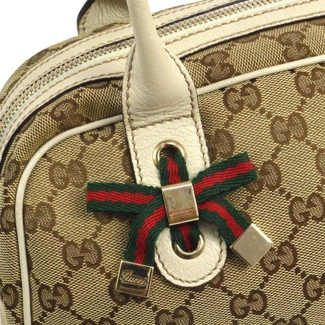 Gucci Mayfair Satchel Brown Large Logo Print Canvas And White Leather