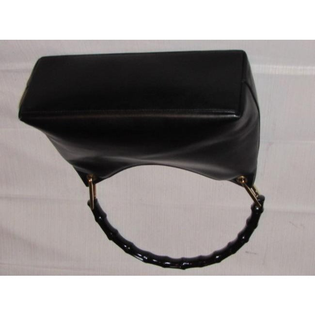 Gucci Shopper Tote With V Shaped Top Bamboo Handle Black Leather Hobo Bag