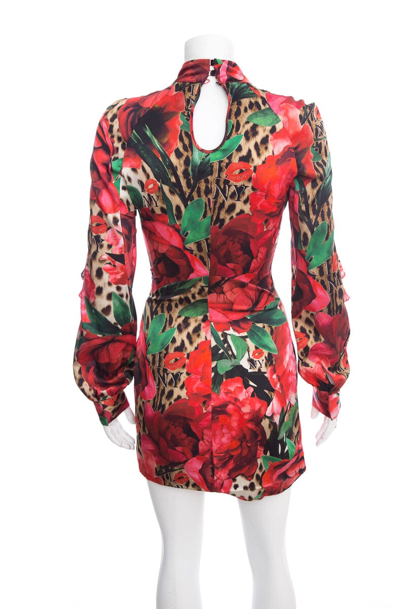 Philipp Plein Red and Green Cheetah and Rose Print Dress SZ S
