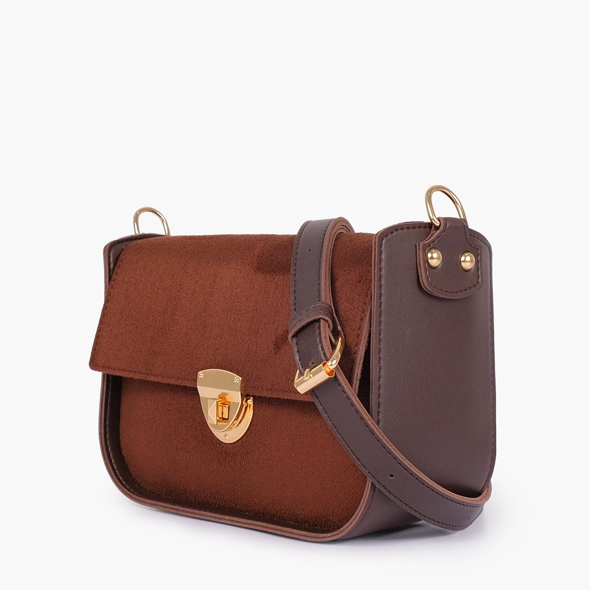 Dark brown suede saddle bag with twist lock