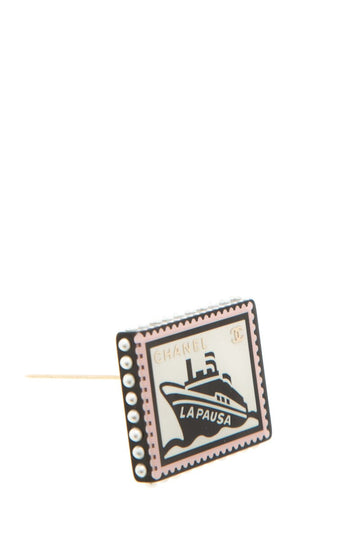 Chanel 2019 "La Pausa" Pink & Black & White Enamel Brooch