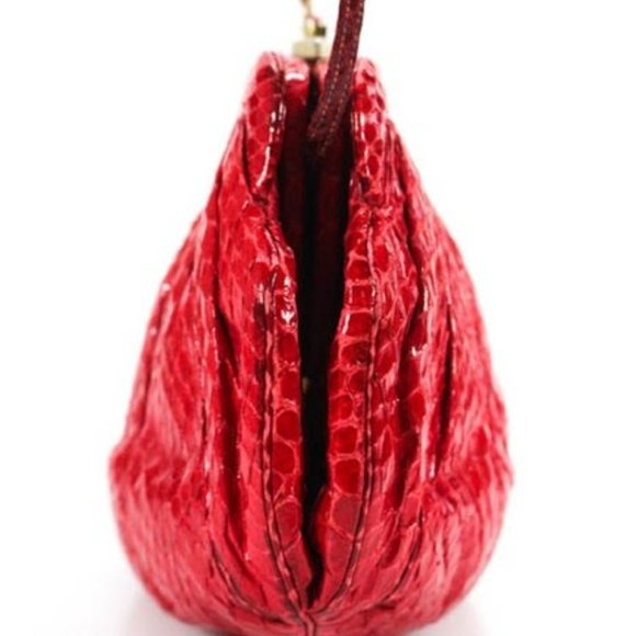 Judith Leiber Vintage Red Snakeskin Leather Two-Way Cross Body or Clutch Evening Bag w Red Stone Clasp