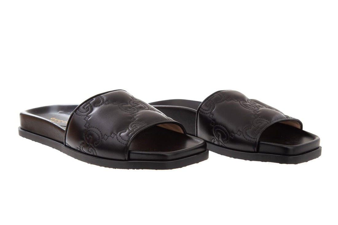 Gucci Black Leather Monogram Slides SZ 37