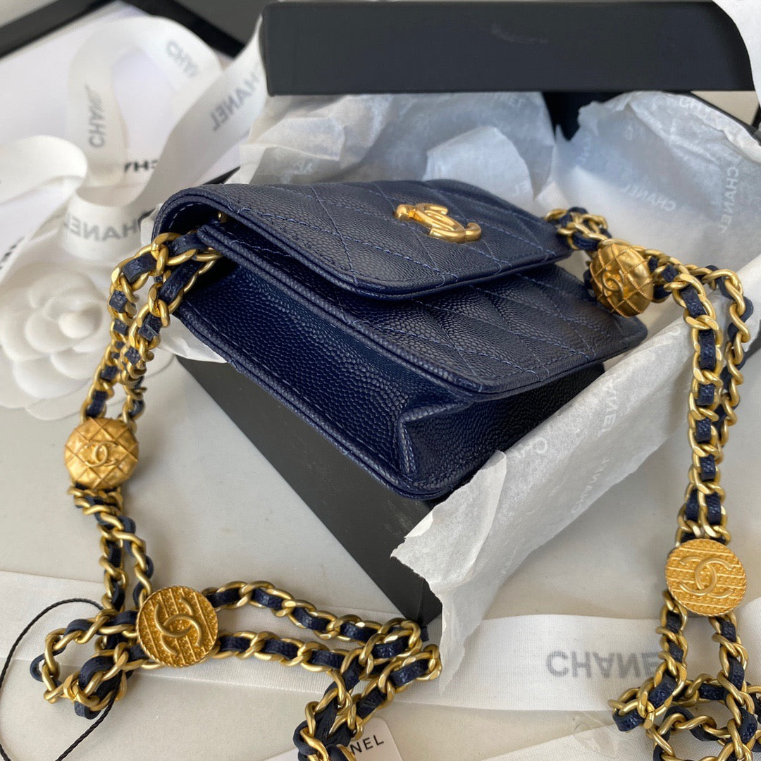 CHL Clutch With Chain Gold Hardware Grained Shinny Navy Blue For WomTLM, WomTLM&#8217;s Handbags, Shoulder Bags 4.7in/12cm AP2857