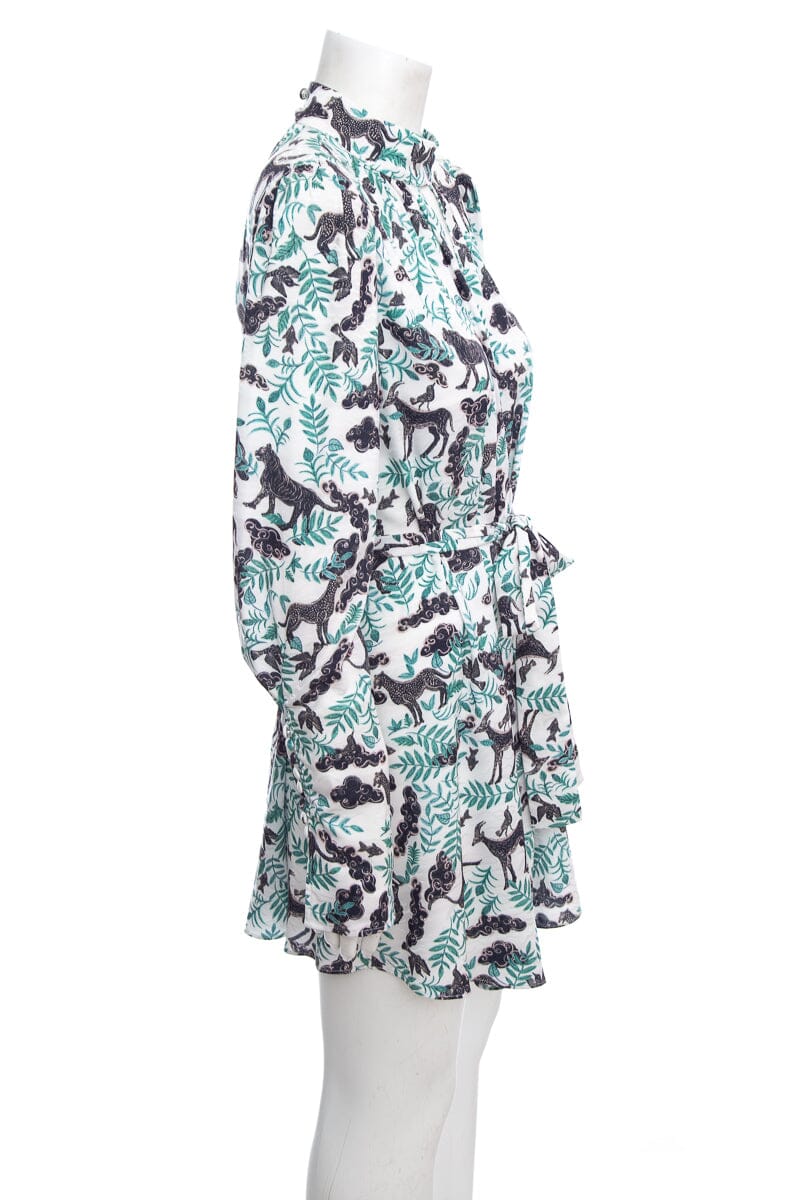 Saloni Green and White Leaf and Animal Printed Long Sleeve Belt Detail Dress SZ 4