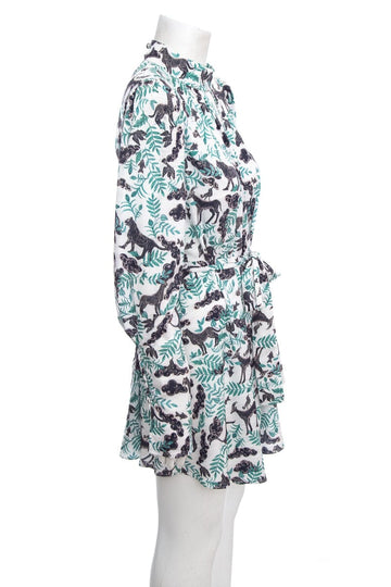 Saloni Green and White Leaf and Animal Printed Long Sleeve Belt Detail Dress SZ 4