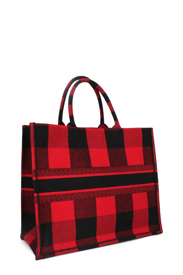 Embroidered Book Tote Red Black Checkered