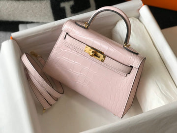 HM Mini Kelly 19 Embossed Pattlmt Pink Matte Bag With Gold-Toned Harware For Womtlm, Handbags, Shoulder Bags 7.5in/19cm