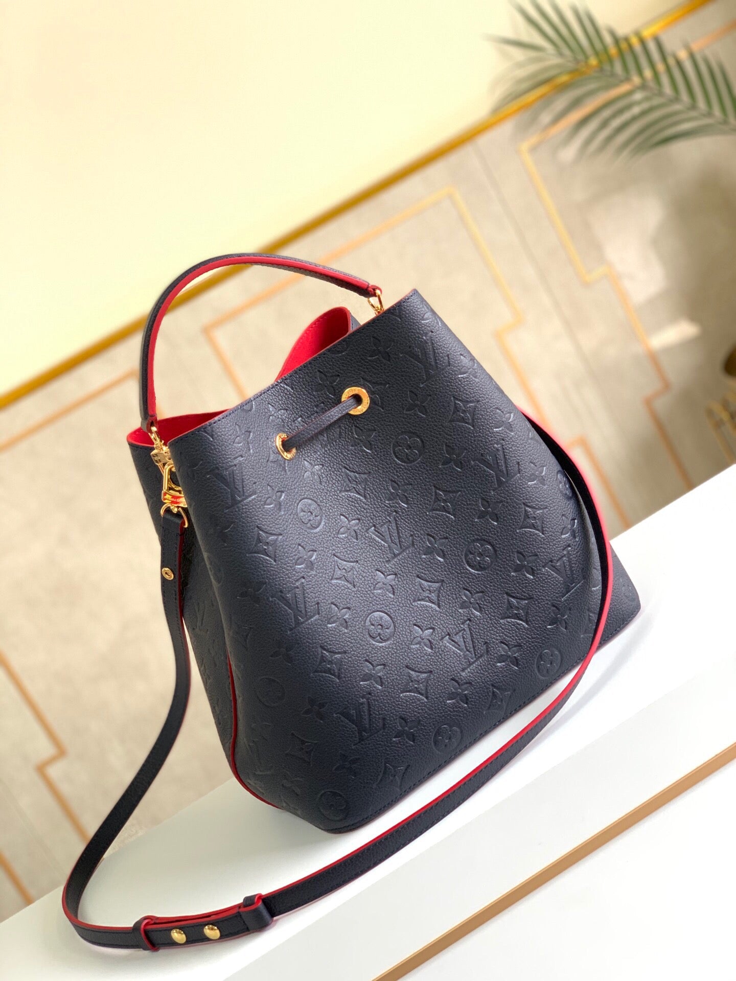 LV NeoNoe MM Bucket Bag Monogram Empreinte Navy Blue/Red For Womtlm, Womtlm’s Handbags, Shoulder And Crossbody Bags 10.2in/26cm LV M45306