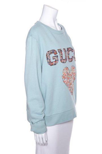 Gucci Blue Floral Embroidered Heart Sweater SZ XL