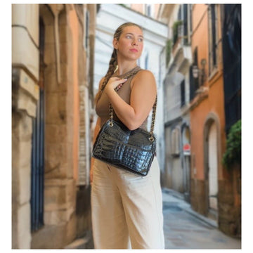 Chanel 80s Black Shiny Alligator Camera Shoulder Bag