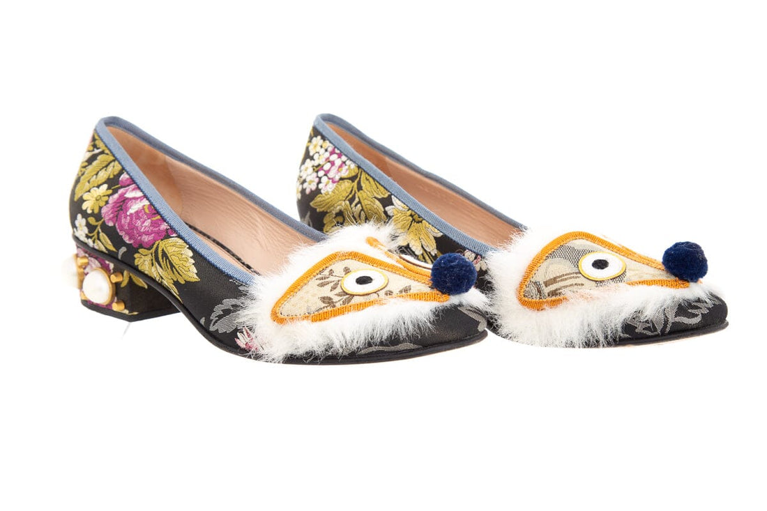 Gucci Black Multi Color Floral Kimberly Jacquard Heel SZ 38