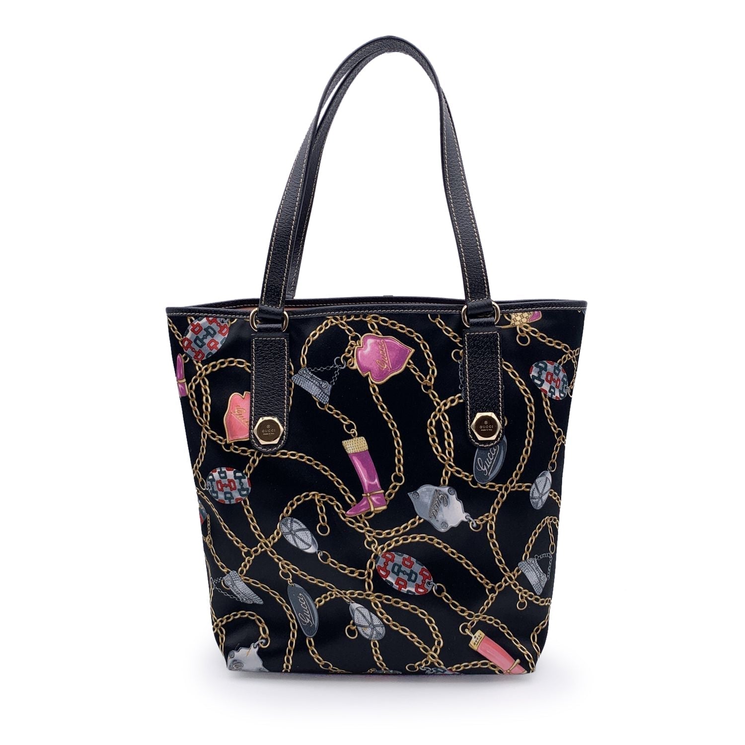 GUCCI Black Multicolor Satin Charms Cnad Chain Print Tote Bag