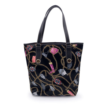 GUCCI Black Multicolor Satin Charms Cnad Chain Print Tote Bag