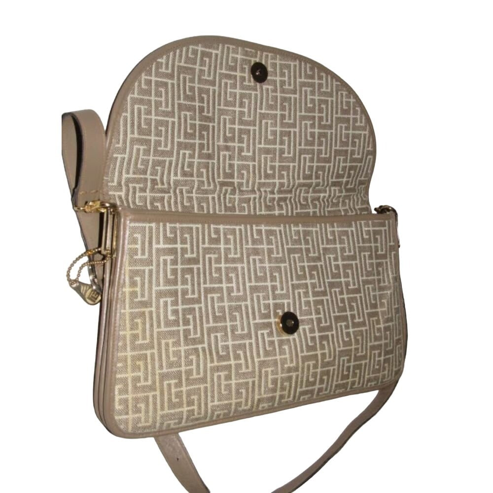 Vintage, Pierre Balmain, beige and white, geometric, "subway" print fabric and beige leather, two-way style, clutch or shoulder bag