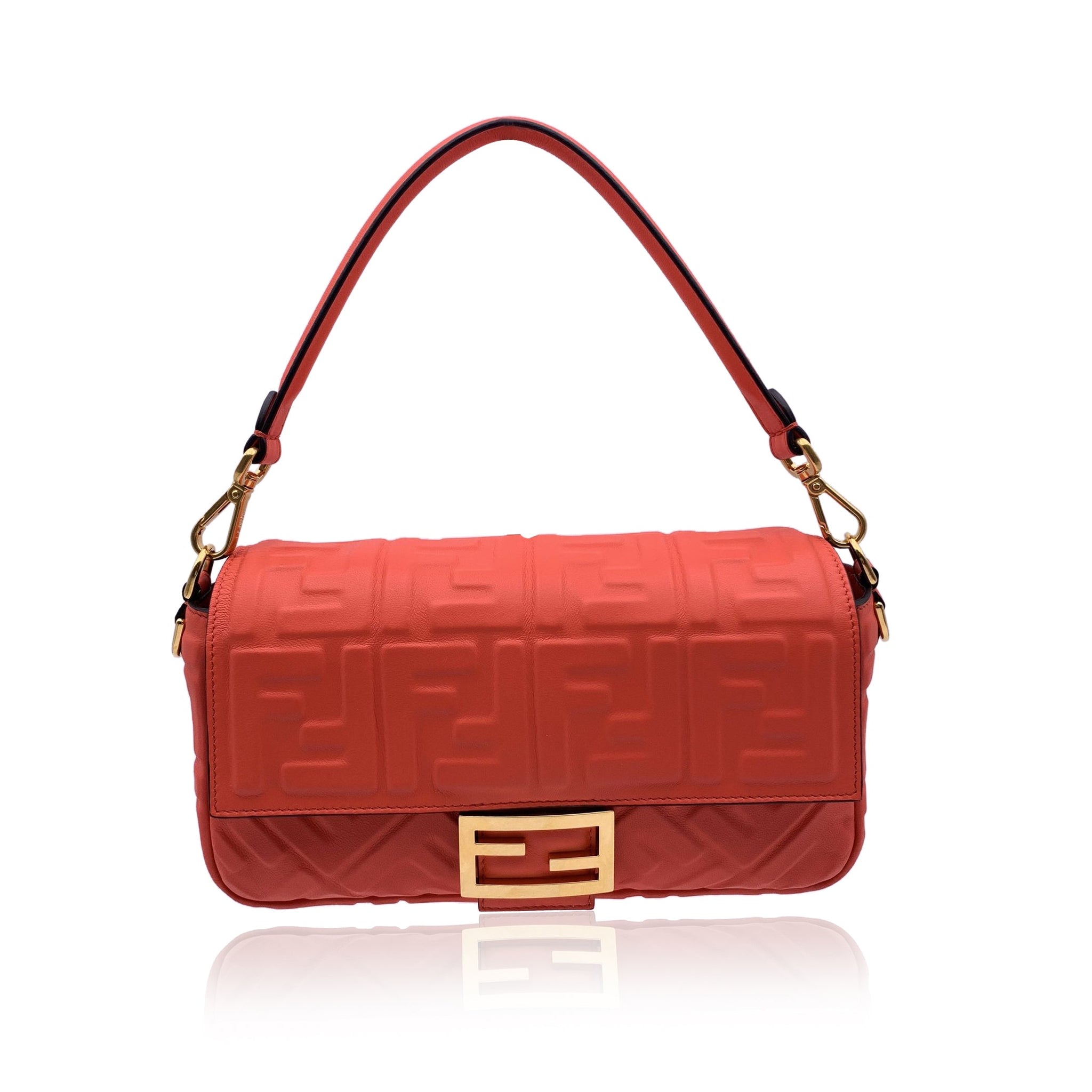 FENDI Orange Red Embossed Ff Logo Leather Baguette Shoulder Bag