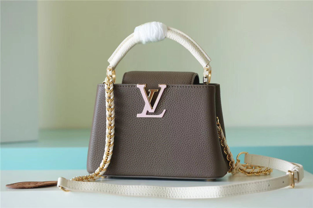 LV Capucines Mini Taurillon Smokey Brown Gretlm/ Creme/ Pink For Womtlm,  Shoulder And Crossbody Bags 21cm/8.3in LV