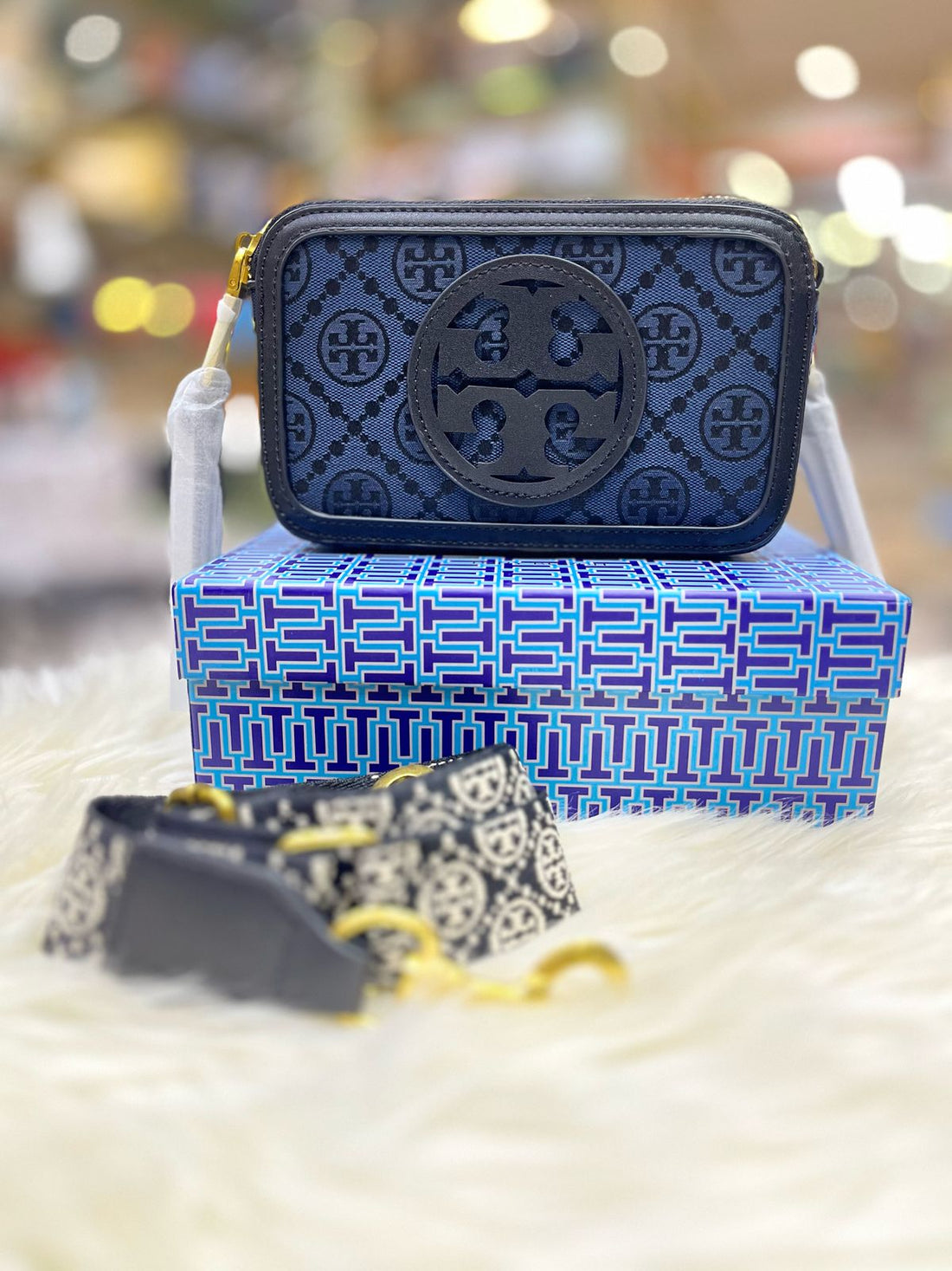 Tory Burch Mini T Monogram Miller Crossbody Women Bag (Blue/Black)