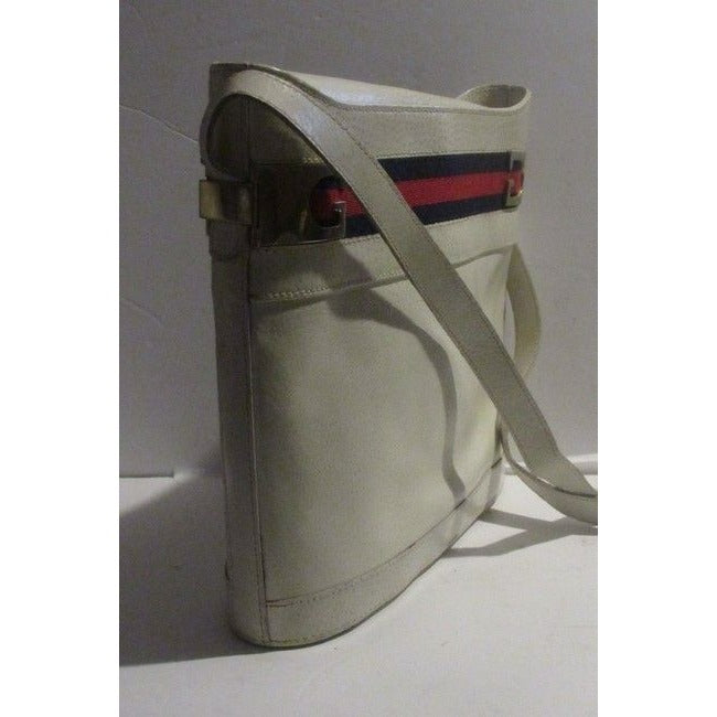 Gucci White Hard Boxy Leather Bucket Bag w red/blue stripe