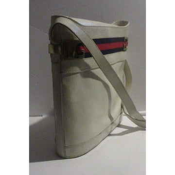 Gucci White Hard Boxy Leather Bucket Bag w red/blue stripe