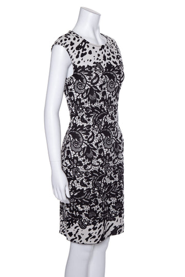 ST.JOHN Black and White Knit Lace Print Dress SZ 2